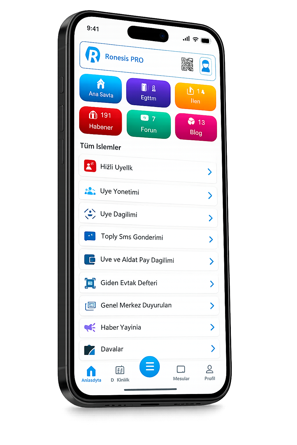 Rönesis PRO mobil uygulamasında dijital üye kimliği ve hızlı işlemler ekranı